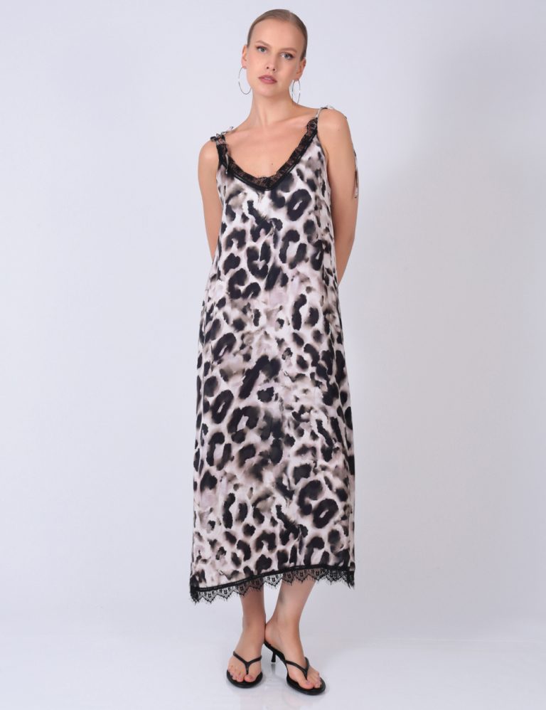 Leopard print satin slip dress with lace trim and spaghetti straps – bold and elegant women’s eveningwear